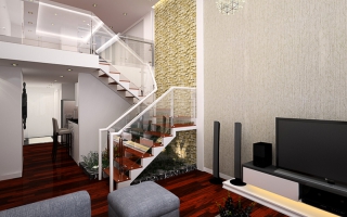 Cầu thang xương cá sắt gỗ kính ziczac Vincom Sài Đồng